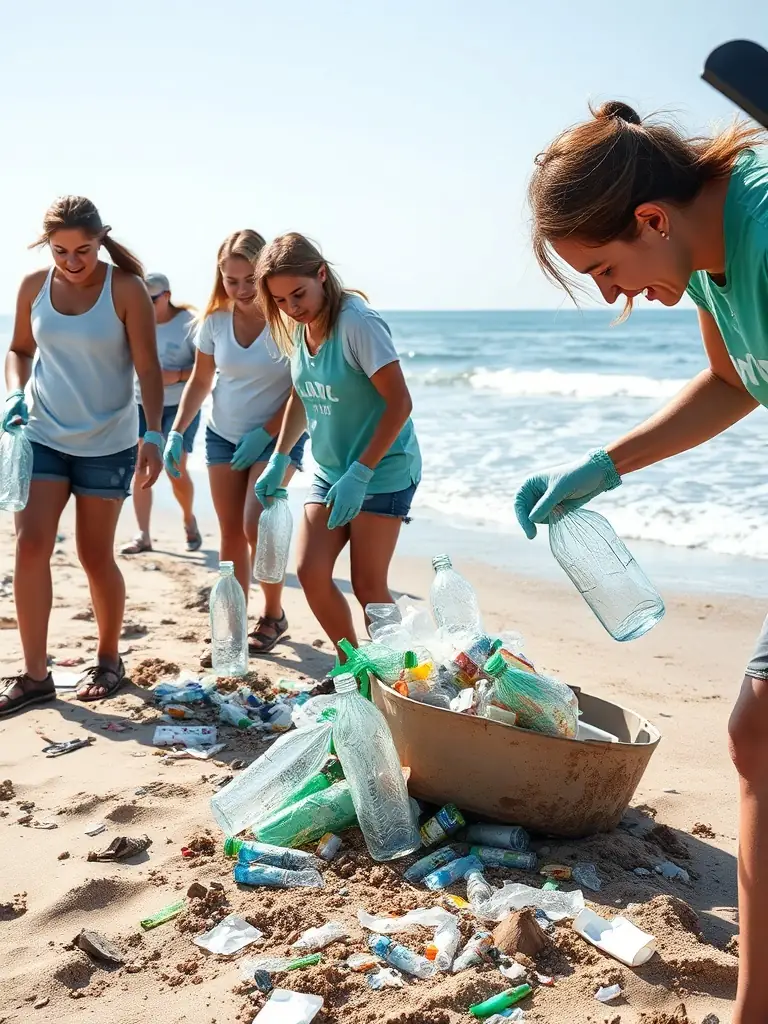 A diverse group of volunteers working together to clean up a local beach, removing trash and debris, symbolizing community involvement and environmental stewardship.
