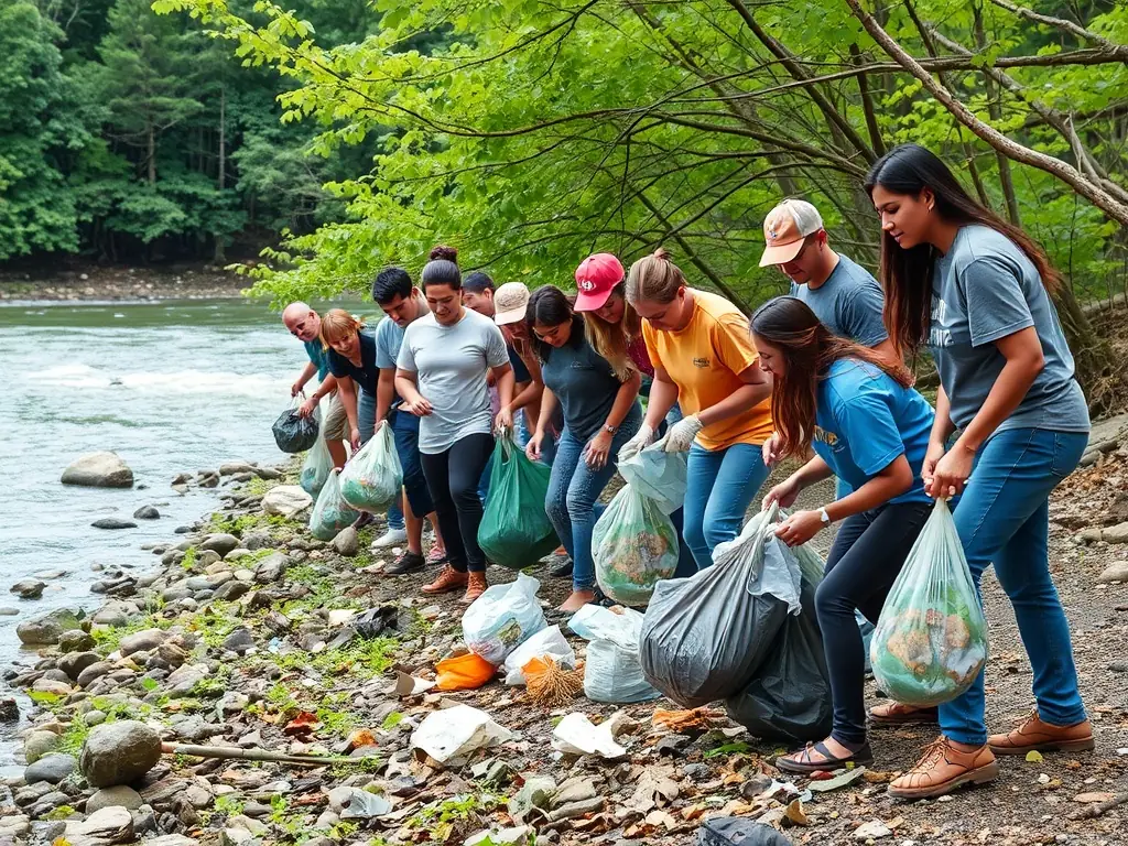 A vibrant photograph showcasing volunteers participating in a river cleanup activity, removing trash and debris from the riverbank, with lush greenery in the background.