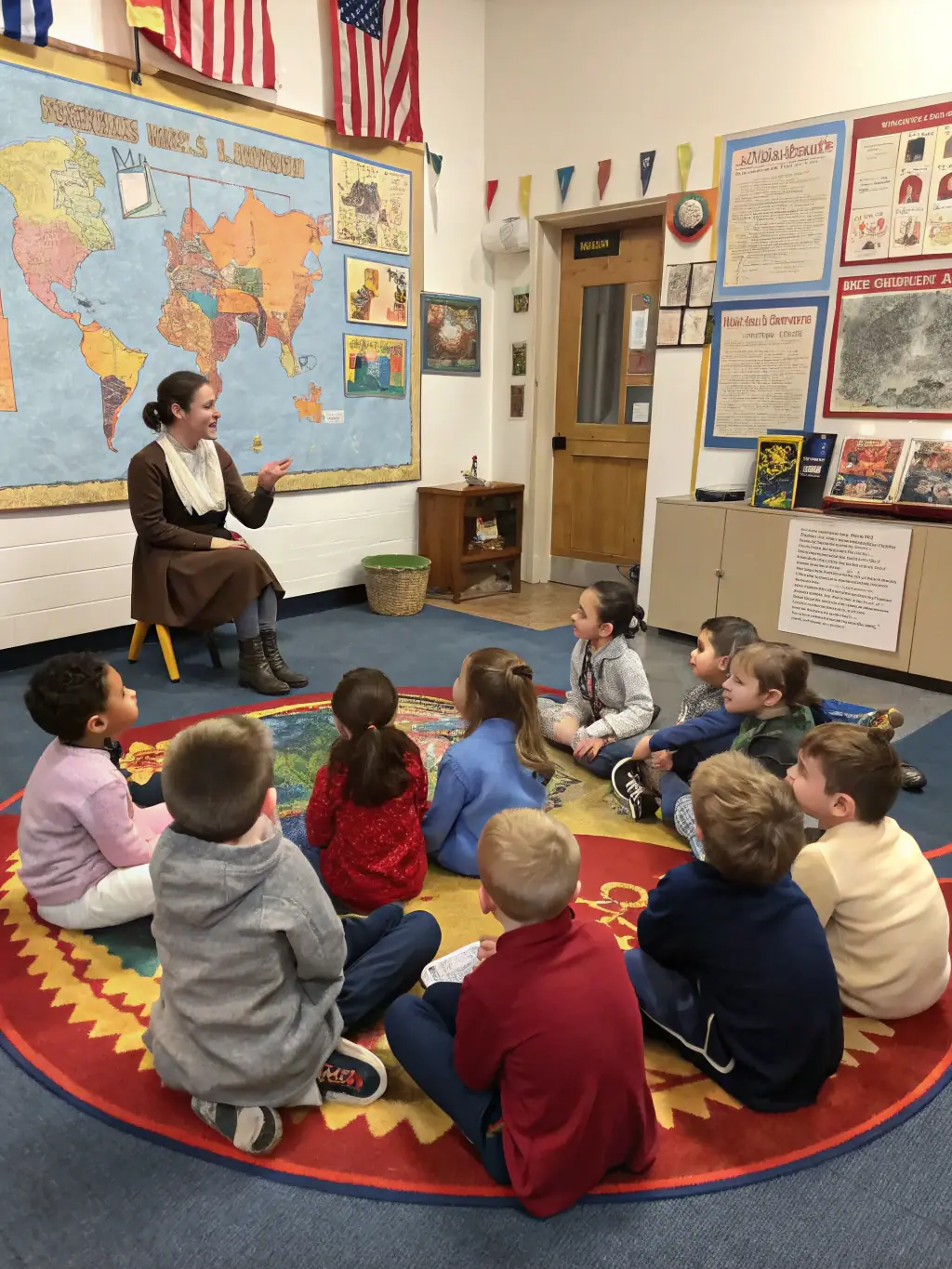 A photograph of children participating in an educational workshop about local history and cultural traditions, learning from elders and engaging in hands-on activities.