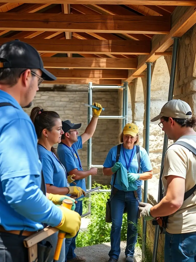 A photo of volunteers restoring a historic building, carefully repairing stonework and preserving architectural details, demonstrating the importance of heritage conservation.