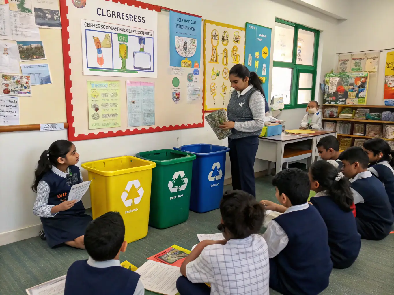 A photo of children participating in an environmental education program, learning about the importance of recycling and waste reduction.