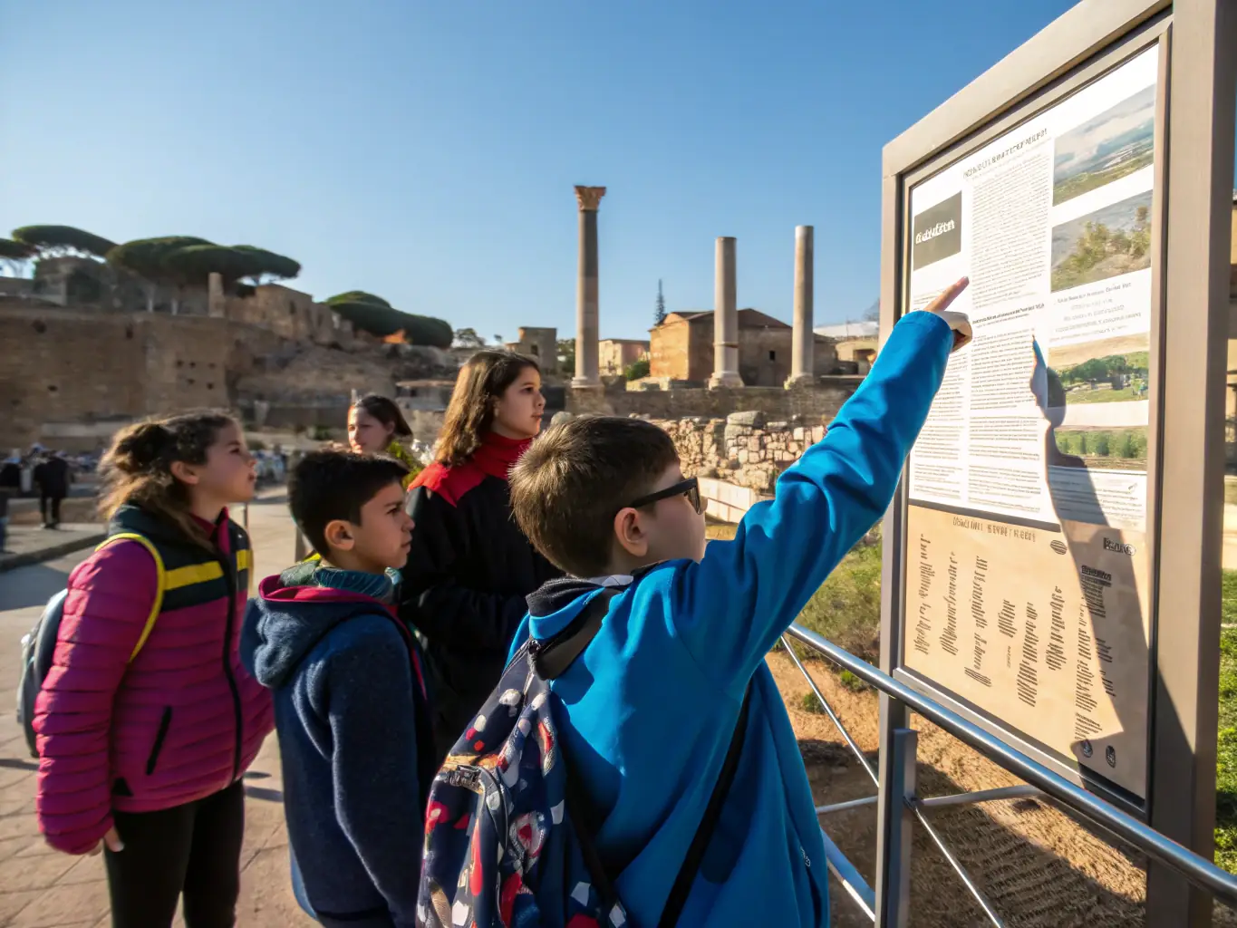 A photograph of children participating in a guided tour of a historical site, with a knowledgeable guide explaining the significance of the landmarks.