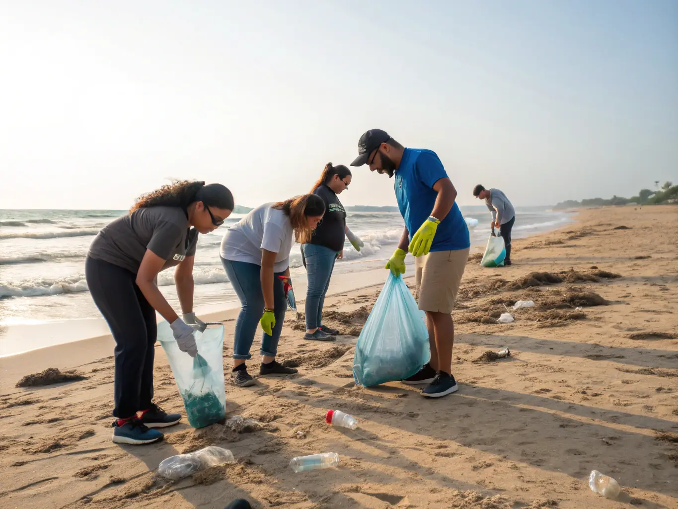 An image of volunteers cleaning up a beach, removing plastic and debris, with the ocean and coastline in the background, symbolizing environmental conservation efforts.