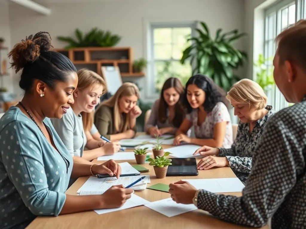 A vibrant image of participants in an environmental education workshop, learning about sustainable practices and conservation techniques.